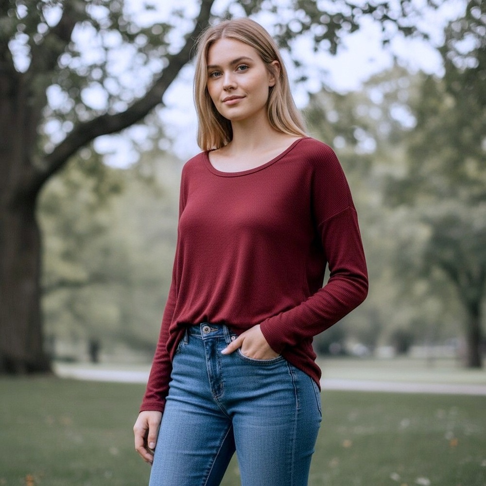 Steve Madden Womens Long Sleeve Ribbed Knit Top Burgundy Casual Lg / #8010
